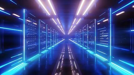 Futuristic corridor with blue neon lights - A mesmerizing sci-fi interior hallway glowing with intense blue neon lighting - obrazy, fototapety, plakaty