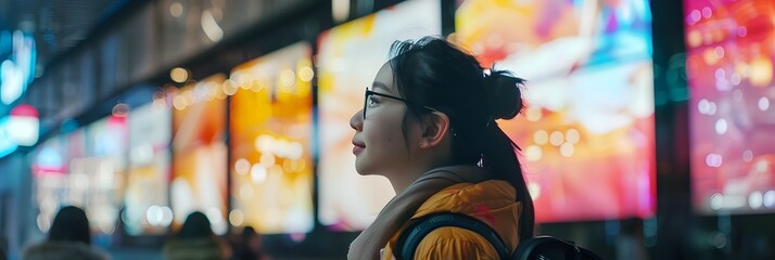 Colorful night city lights with blurred face - Captivating view of vibrant city life with colorful lights and a blurred figure in the foreground