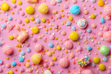 Colorful candies scattered on yellow background - An eye-catching pattern of assorted candies and sugary treats on a bright yellow backdrop