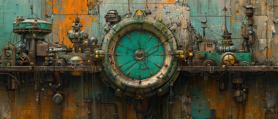 old clock gears, in the style of dark teal and bronze, clock mechanism-inspired