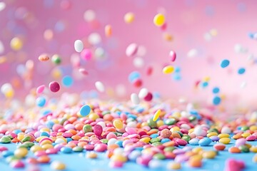 Fototapeta na wymiar Assorted colorful candies scattered whimsically - A delightful and whimsical image of various colorful candies scattered across a surface with a pink backdrop