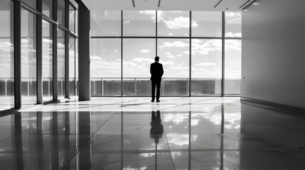 Silhouette of a man in a modern office - A lone figure stands before windows in a sleek, contemporary office space, reflecting isolation or contemplation