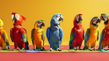 Row of colorful parrots on colorful background - A line of vividly colored parrots against contrasting colored background representing diversity and community - obrazy, fototapety, plakaty