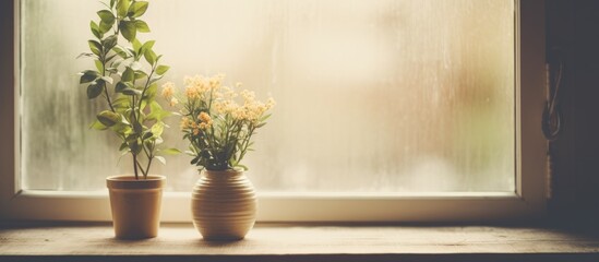 A couple of vases, one tall and one short, sitting on a white window sill. Next to them, a small plant adds a touch of greenery. The scene is bathed in soft, filtered light.