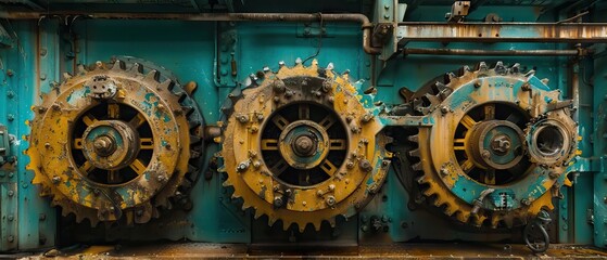 gears sitting on a blue background, in the style of dark teal and bronze, industrial-inspired