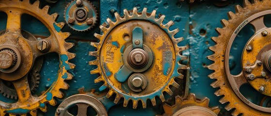 gears sitting on a blue background, in the style of dark teal and bronze, industrial-inspired