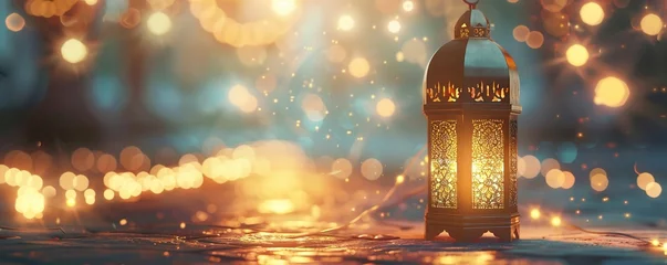 Muurstickers Celebration of islamic eid mubarak and eid al adha lantern in a light background. © Coosh448