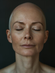 Retrato de Mujer Calva con ojos cerrados y expresión serena - obrazy, fototapety, plakaty