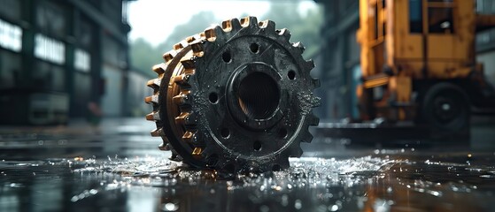 factory wheel dribbled by water in the rain - obrazy, fototapety, plakaty