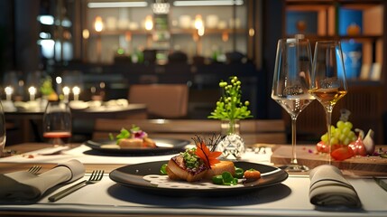 Fine Dining Spread on Sophisticated Table - An exquisite culinary presentation on a dining table set against a refined, upscale restaurant backdrop