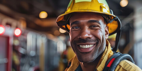 International Firefighters Day, portrait of an African-American male firefighter in uniform, fire trucks in a fire station, the concept of dangerous and risky professions - obrazy, fototapety, plakaty
