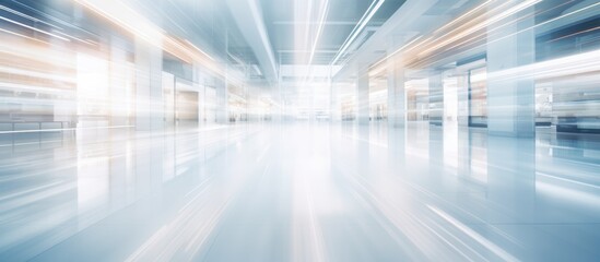 The image depicts a blurry hallway inside a building. The walls and ceiling are indistinct, creating a sense of movement and depth within the hallway. 