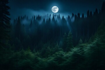a moonlight scene in a forest, with the moon