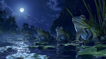 Frogs congregating by moonlit pond - A serene nocturnal scene capturing multiple frogs by a pond under a starry sky illuminated by the full moon