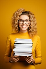 Smiling businesswoman in bright yellow suit holding a paper file - overtime work concept