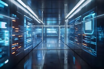 Futuristic server room with vibrant lighting - A modern high-tech server room with glowing blue light panels and reflective floors