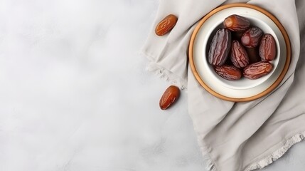 Bowl of dates and a linen cloth on a white concrete background. The view from the top