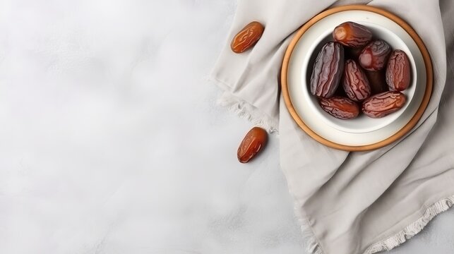Bowl of dates and a linen cloth on a white concrete background. The view from the top