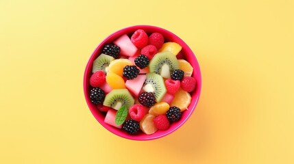 Bowl of healthy fresh fruit salad on pink background, top view