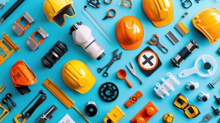 flat design illustration presents a collage of construction and safety icons, highlighting the key elements of a safe and healthy workplace - obrazy, fototapety, plakaty