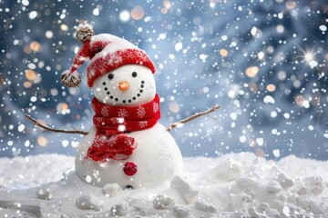 Fototapeta premium Cheerful snowman surrounded by a winter wonderland with falling snowflakes and a clear night sky