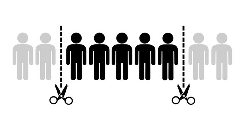 Group and collective of people is reduced and cut by scissors. Layoff, dismissal, redundancy, downsizing and suspension of superfluous and redundant man. Vector illustration isolated on white. - obrazy, fototapety, plakaty