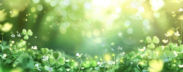Green background with three-leaved shamrocks, Lucky Irish Four Leaf Clover in the Field for St....