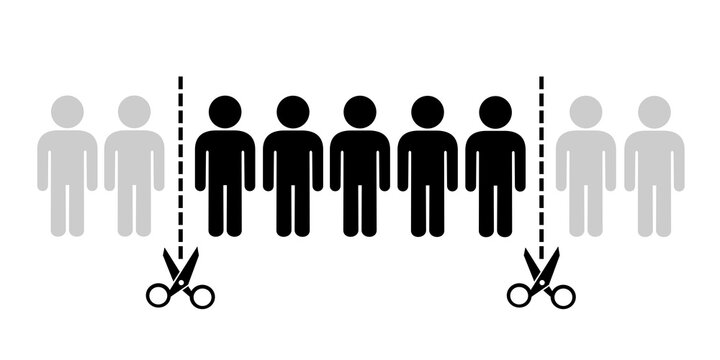 Group and collective of people is reduced and cut by scissors. Layoff, dismissal, redundancy, downsizing and suspension of superfluous and redundant man. Vector illustration isolated on white.