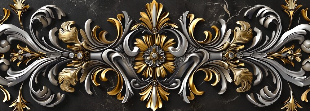 a gold and silver floral design on a black background