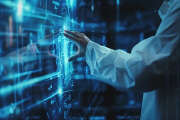 Close-up view of a scientist in a lab coat conducting research in a high-tech laboratory Symbolizing the pursuit of scientific innovation and the development of new technologies - obrazy, fototapety, plakaty