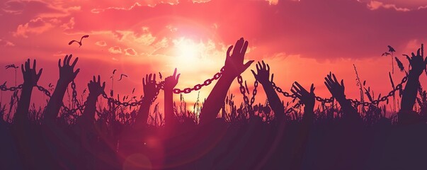International day for the remembrance of the slave trade and its abolition concept: Silhouette human hands raising and broken chains on blurred red sunset