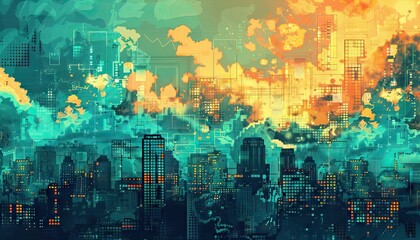 cloud computing digital transformation, in the style of light teal and black, animated mosaics, whimsical skyline, dark amber and sky-blue