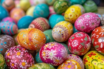 Fototapeta na wymiar Colorful easter eggs artfully arranged in a vibrant display Celebrating the tradition and joy of the easter holiday.