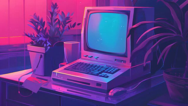 Retro styled illustration of an old computer setup with vibrant colors. Vintage technology and computing concept in a nostalgic digital art style
