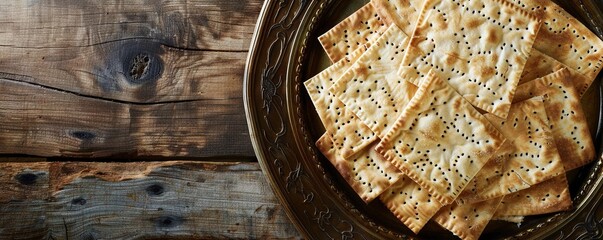 Metal plate with matzah or matza and Passover Haggadah on a vintage wood background presented as a Passover seder feast or meal with copy space. Translation: Passover Haggadah - obrazy, fototapety, plakaty