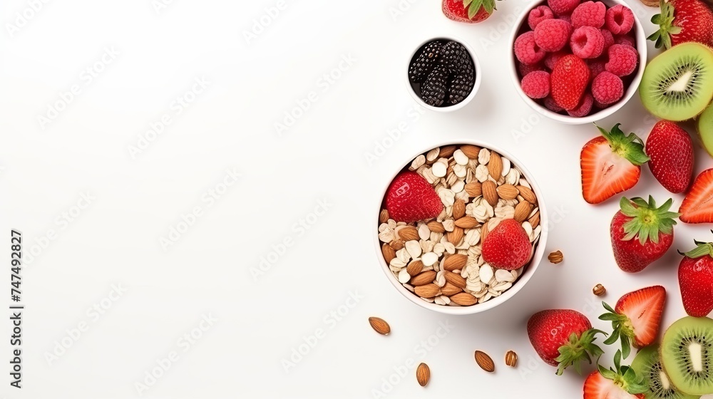 Wall mural Breakfast with muesli, strawberry salad, fresh fruit, nuts on white background. Healthy food concept. Flat lay, top view