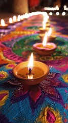 Oil lamps lit on colorful rangoli during diwali celebration