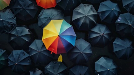 rainbow umbrella fly out the mass of black umbrellas