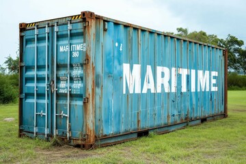 Fototapeta na wymiar Rustic blue maritime 40-foot shipping container in natural setting
