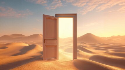 Surreal vista of an open door leading to a vast desert landscape, symbolizing new beginnings and opportunities