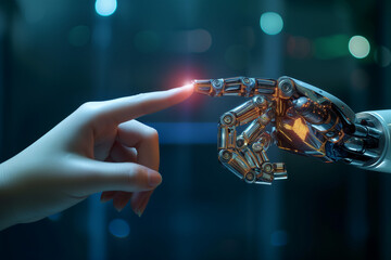 Symbolic touch between a human finger and a robot's metallic digit, representing the synergy between humans and artificial intelligence