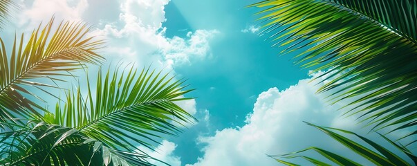 Fototapeta na wymiar Palm Sunday concept: green palm tree leaves on natural sky
