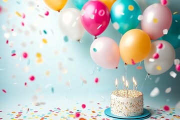 Festive birthday celebration background with colorful balloons, sprinkled cake, and candles on a blue backdrop