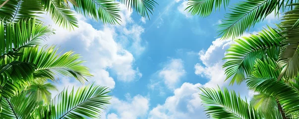 Schilderijen op glas Palm sunday concept: Leaves frame of coconut branches with cloudy blue sky background © Coosh448