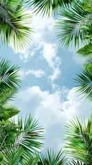 Fotobehang Palm sunday concept: Leaves frame of coconut branches with cloudy blue sky background © Coosh448