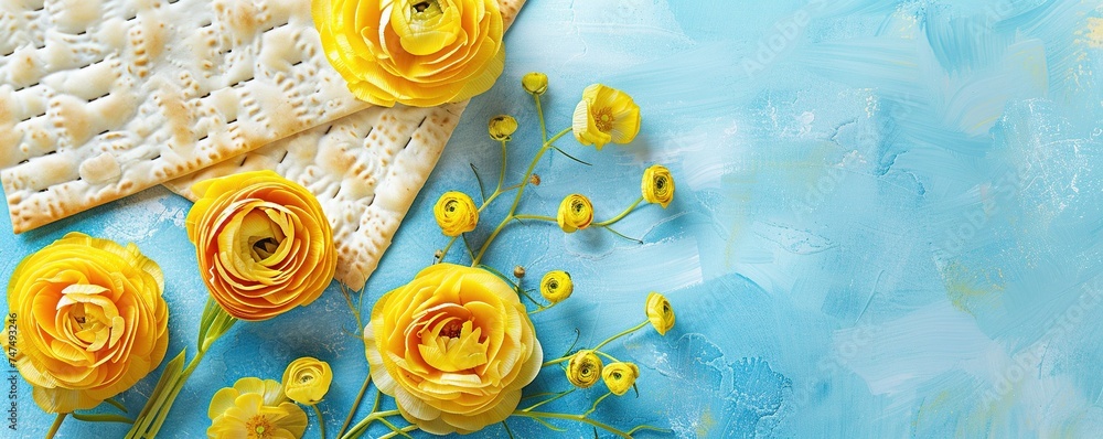 Poster Passover background with matzoh and spring flower ranunculus. Top view with copy space. Happy Passover Spring Festive season greeting card.