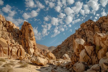 Fototapeta na wymiar Dramatic desert landscape with towering sandstone formations under a vast blue sky