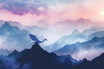 Poster Dreamy mountain landscape with a mythical creature silhouetted against a pastel sky Invoking a sense of adventure and fantasy © Jelena