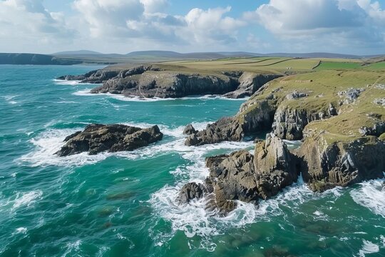 Drone shot of a rugged coastal landscape with crashing waves