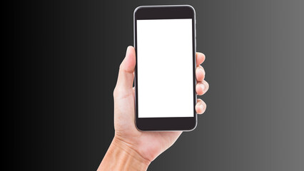 Hand holding cell phone mockup with blank screen. Smartphone mock up isolated on black bacground